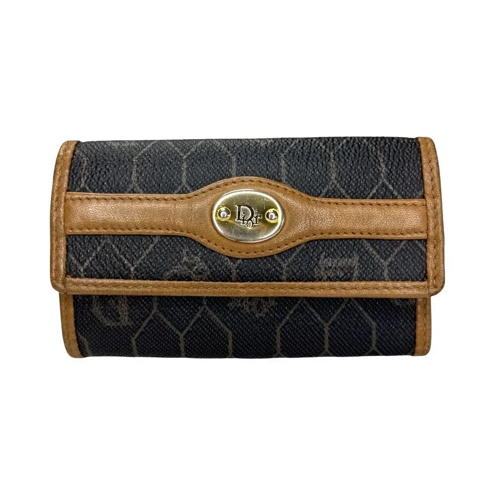 Christian Dior Vintage Honeycomb Key Case Brown Trim Gold Plaque Made in Spain